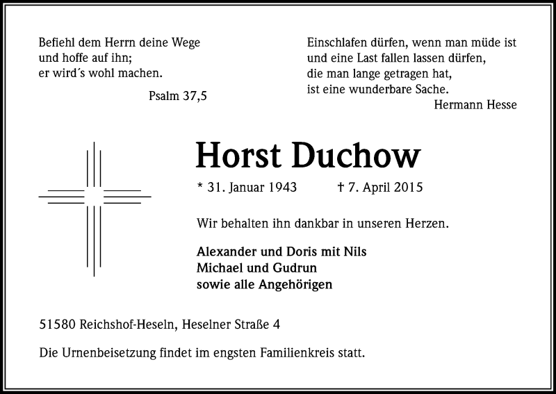  Traueranzeige für Horst Duchow vom 11.04.2015 aus Kölner Stadt-Anzeiger / Kölnische Rundschau / Express