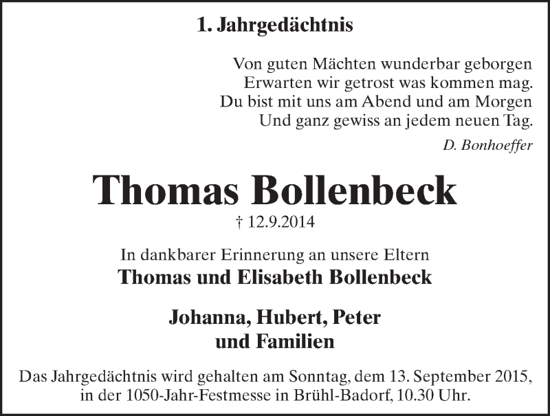  Traueranzeige für Thomas Bollenbeck vom 09.09.2015 aus  Schlossbote/Werbekurier 