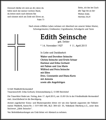 Anzeige von Edith Seinsche von Kölner Stadt-Anzeiger / Kölnische Rundschau / Express