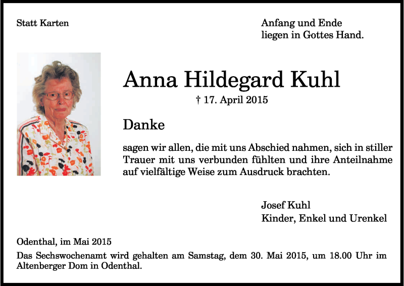  Traueranzeige für Anna Hildegard Kuhl vom 23.05.2015 aus Kölner Stadt-Anzeiger / Kölnische Rundschau / Express