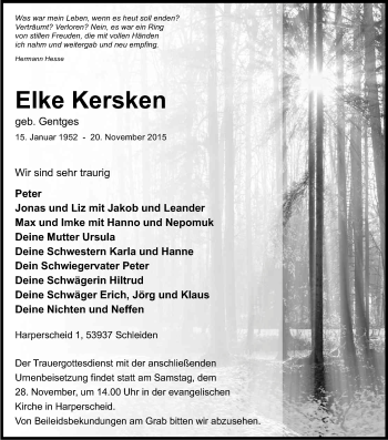 Anzeige von Elke Kersken von Kölner Stadt-Anzeiger / Kölnische Rundschau / Express