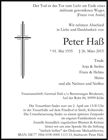 Anzeige von Peter Haß von Kölner Stadt-Anzeiger / Kölnische Rundschau / Express