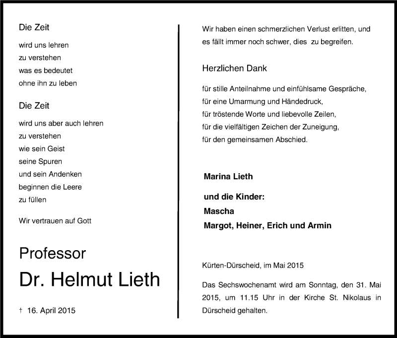  Traueranzeige für Helmut  Lieth vom 23.05.2015 aus Kölner Stadt-Anzeiger / Kölnische Rundschau / Express