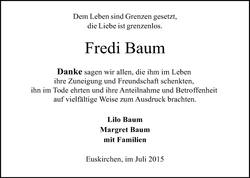  Traueranzeige für Fredi Baum vom 26.07.2015 aus  Blickpunkt Euskirchen 
