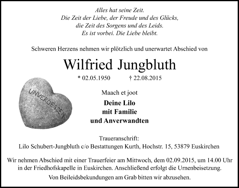  Traueranzeige für Wilfried Jungbluth vom 30.08.2015 aus  Blickpunkt Euskirchen 