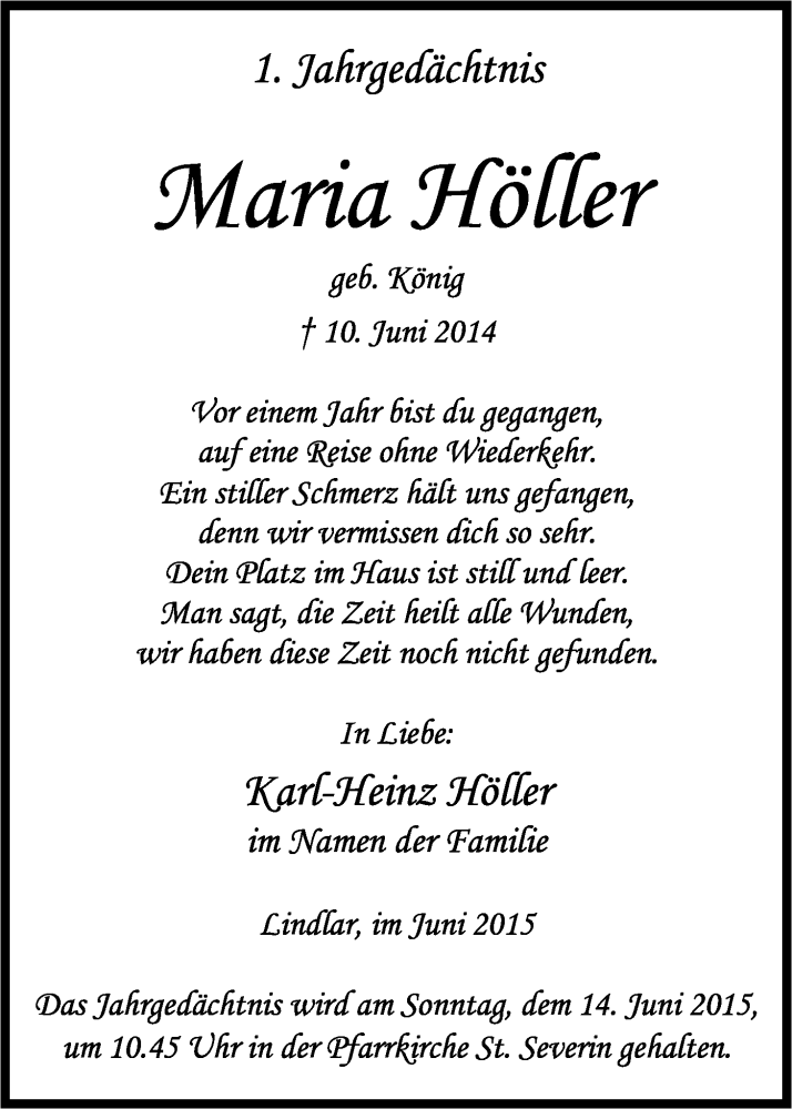  Traueranzeige für Maria Höller vom 10.06.2015 aus Kölner Stadt-Anzeiger / Kölnische Rundschau / Express