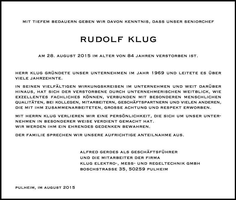  Traueranzeige für Rudolf Klug vom 05.09.2015 aus Kölner Stadt-Anzeiger / Kölnische Rundschau / Express