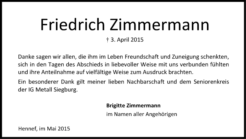  Traueranzeige für Friedrich Zimmermann vom 02.05.2015 aus Kölner Stadt-Anzeiger / Kölnische Rundschau / Express