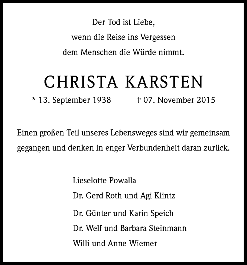  Traueranzeige für Christa Karsten vom 21.11.2015 aus Kölner Stadt-Anzeiger / Kölnische Rundschau / Express