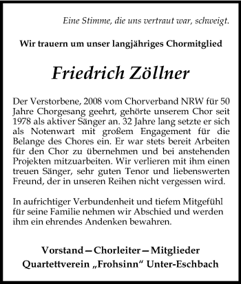 Anzeige von Friedrich Zöllner von Kölner Stadt-Anzeiger / Kölnische Rundschau / Express