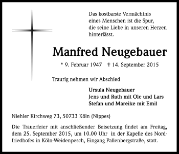 Anzeige von Manfred Neugebauer von Kölner Stadt-Anzeiger / Kölnische Rundschau / Express