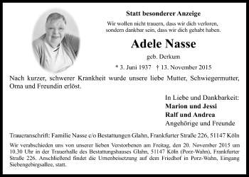 Anzeige von Adele Nasse von  Kölner Wochenspiegel 