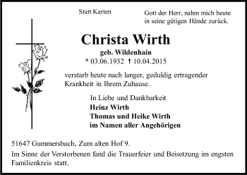 Anzeige von Christa Wirth von Kölner Stadt-Anzeiger / Kölnische Rundschau / Express