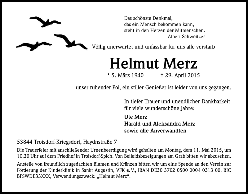  Traueranzeige für Helmut Merz vom 06.05.2015 aus Kölner Stadt-Anzeiger / Kölnische Rundschau / Express