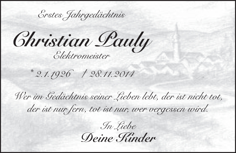  Traueranzeige für Christian Pauly vom 25.11.2015 aus  Schlossbote/Werbekurier 