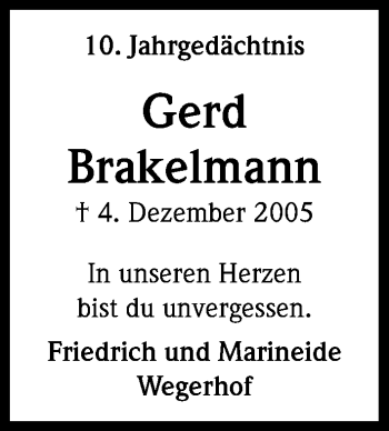 Anzeige von Gerd Brakelmann von Kölner Stadt-Anzeiger / Kölnische Rundschau / Express