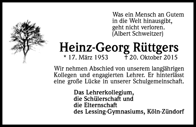  Traueranzeige für Heinz-Georg Rüttgers vom 31.10.2015 aus Kölner Stadt-Anzeiger / Kölnische Rundschau / Express