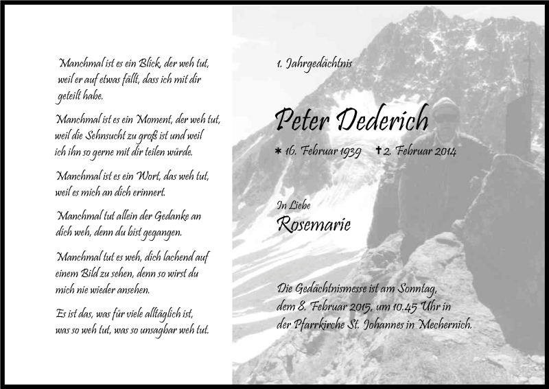  Traueranzeige für Peter Dederich vom 04.02.2015 aus Kölner Stadt-Anzeiger / Kölnische Rundschau / Express