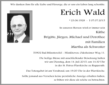 Anzeige von Erich Wald von  Blickpunkt Euskirchen 