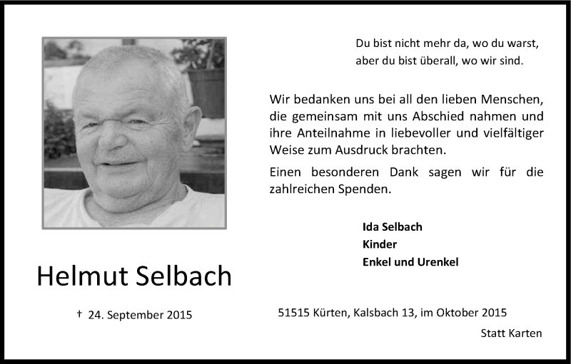  Traueranzeige für Helmut Selbach vom 17.10.2015 aus Kölner Stadt-Anzeiger / Kölnische Rundschau / Express