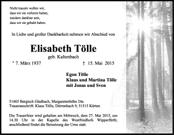 Anzeige von Elisabeth Tölle von Kölner Stadt-Anzeiger / Kölnische Rundschau / Express