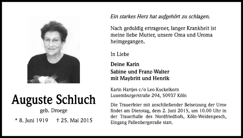  Traueranzeige für Auguste Schluch vom 30.05.2015 aus Kölner Stadt-Anzeiger / Kölnische Rundschau / Express