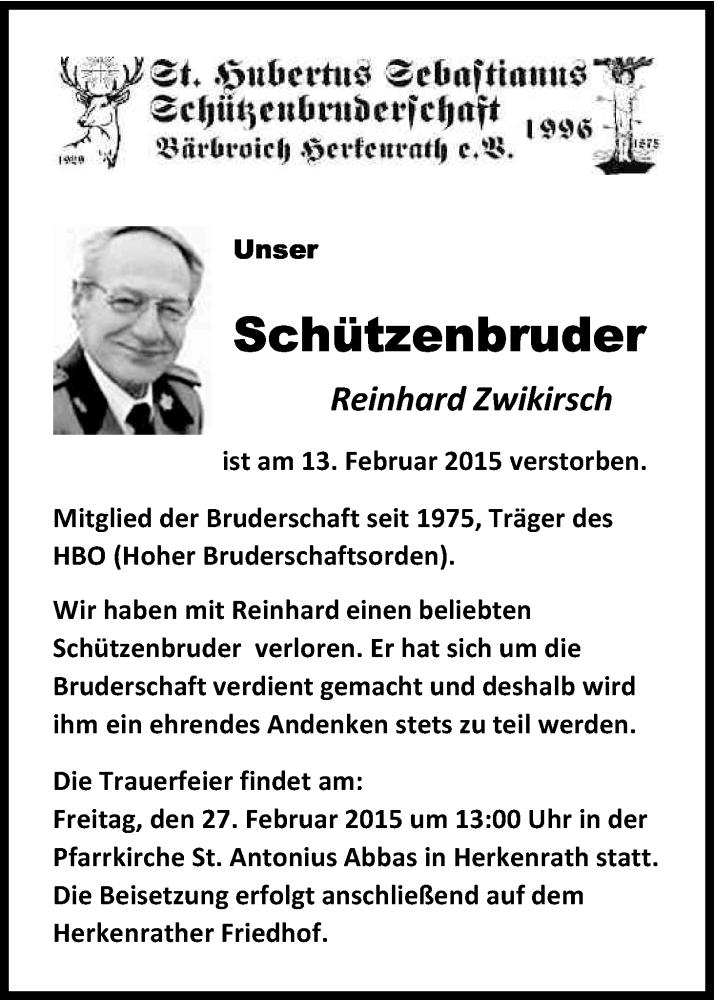  Traueranzeige für Reinhard Zwikirsch vom 21.02.2015 aus Kölner Stadt-Anzeiger / Kölnische Rundschau / Express