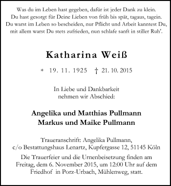 Anzeige von Katharina Weiß von  Kölner Wochenspiegel 