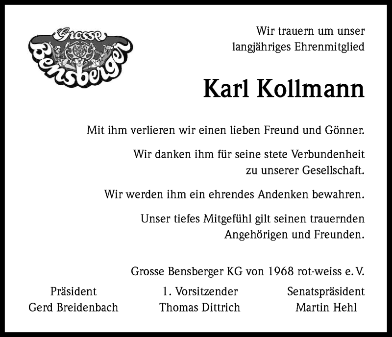  Traueranzeige für Karl Kollmann vom 09.05.2015 aus Kölner Stadt-Anzeiger / Kölnische Rundschau / Express