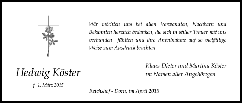  Traueranzeige für Hedwig Köster vom 01.04.2015 aus  Anzeigen Echo 