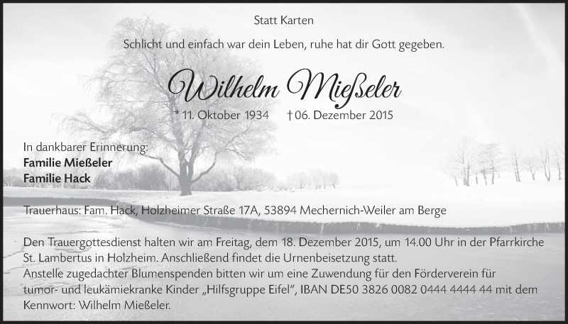  Traueranzeige für Wilhelm Mießeler vom 13.12.2015 aus  Blickpunkt Euskirchen 