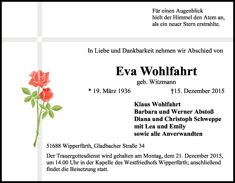  Traueranzeige für Eva Wohlfahrt vom 18.12.2015 aus Kölner Stadt-Anzeiger / Kölnische Rundschau / Express