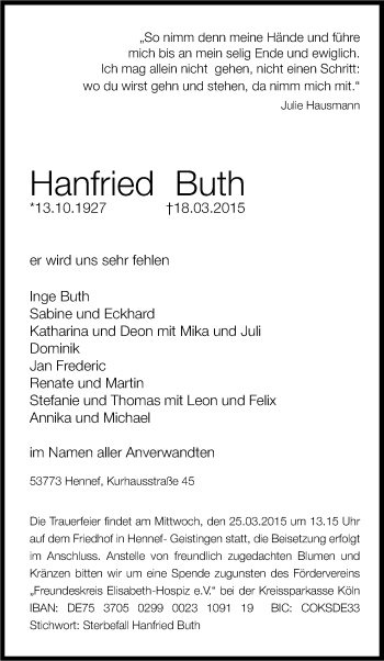 Anzeige von Hanfried Buth von Kölner Stadt-Anzeiger / Kölnische Rundschau / Express