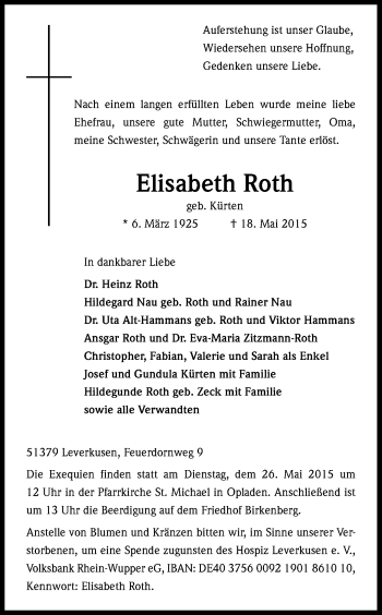 Anzeige von Elisabeth Roth von Kölner Stadt-Anzeiger / Kölnische Rundschau / Express