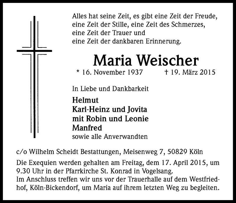  Traueranzeige für Maria Weischer vom 11.04.2015 aus Kölner Stadt-Anzeiger / Kölnische Rundschau / Express