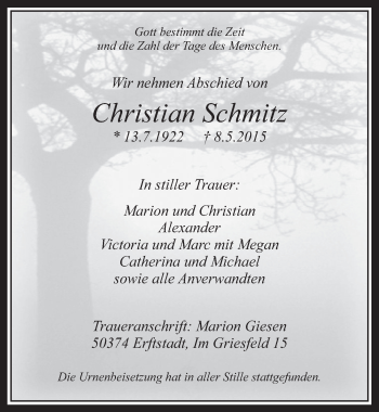 Anzeige von Christian Schmitz von  Wochenende 