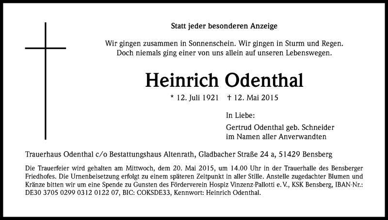  Traueranzeige für Heinrich Odenthal vom 18.05.2015 aus Kölner Stadt-Anzeiger / Kölnische Rundschau / Express
