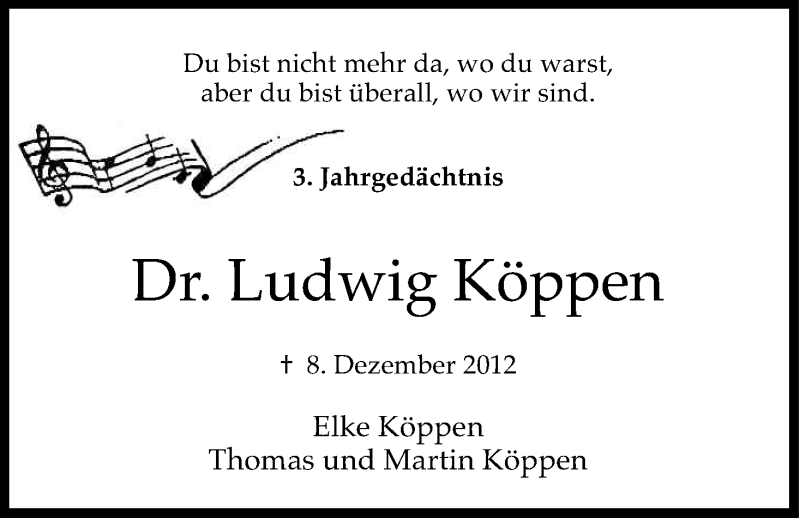  Traueranzeige für Ludwig Köppen vom 05.12.2015 aus Kölner Stadt-Anzeiger / Kölnische Rundschau / Express