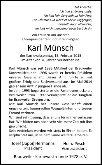 Anzeige von Karl Münsch von Kölner Stadt-Anzeiger / Kölnische Rundschau / Express