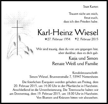 Anzeige von Karl-Heinz Wiesel von Kölner Stadt-Anzeiger / Kölnische Rundschau / Express