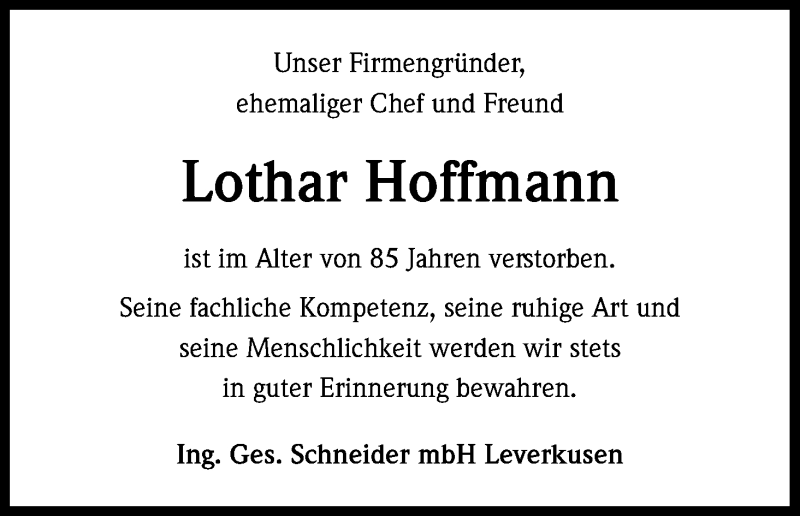  Traueranzeige für Lothar Hoffmann vom 14.08.2015 aus Kölner Stadt-Anzeiger / Kölnische Rundschau / Express