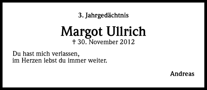  Traueranzeige für Margot Ullrich vom 30.11.2015 aus Kölner Stadt-Anzeiger / Kölnische Rundschau / Express