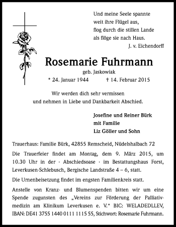 Anzeige von Rosemarie Fuhrmann von Kölner Stadt-Anzeiger / Kölnische Rundschau / Express