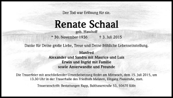 Anzeige von Renate Schaaf von Kölner Stadt-Anzeiger / Kölnische Rundschau / Express