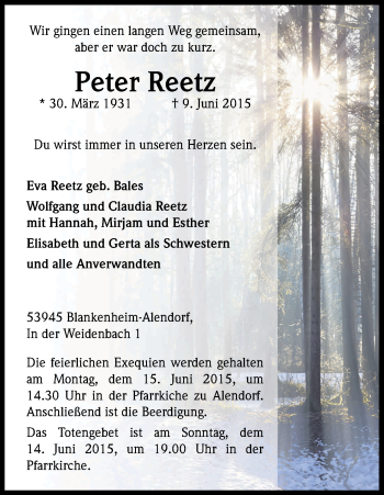 Anzeige von Peter Reetz von Kölner Stadt-Anzeiger / Kölnische Rundschau / Express