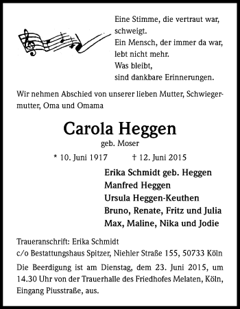 Anzeige von Carola Heggen von Kölner Stadt-Anzeiger / Kölnische Rundschau / Express