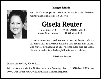 Anzeige von Gisela Reuter von Kölner Stadt-Anzeiger / Kölnische Rundschau / Express