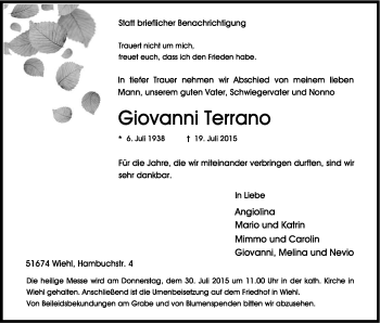 Anzeige von Giovanni Terrano von Kölner Stadt-Anzeiger / Kölnische Rundschau / Express