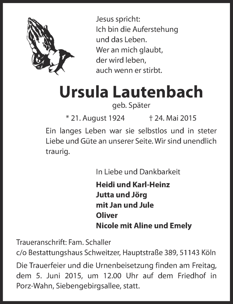  Traueranzeige für Ursula Lautenbach vom 03.06.2015 aus  Kölner Wochenspiegel 