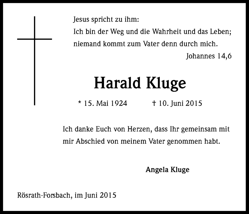  Traueranzeige für Harald Kluge vom 27.06.2015 aus Kölner Stadt-Anzeiger / Kölnische Rundschau / Express